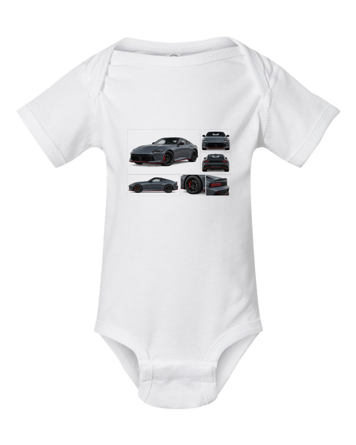 Halftone style print of a 2024 Nissan Z RZ34 Sport with VR30DDTT text white baby onesie front view with the design