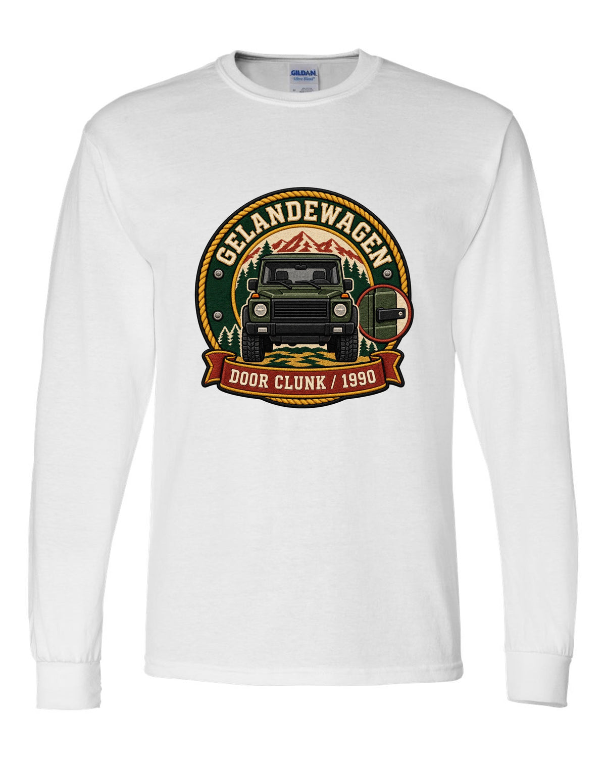 Embroidery-style shield crest graphic reading Door Clunk 1990 for a Mercedes G-Class W463, print white long sleeve front view with the design