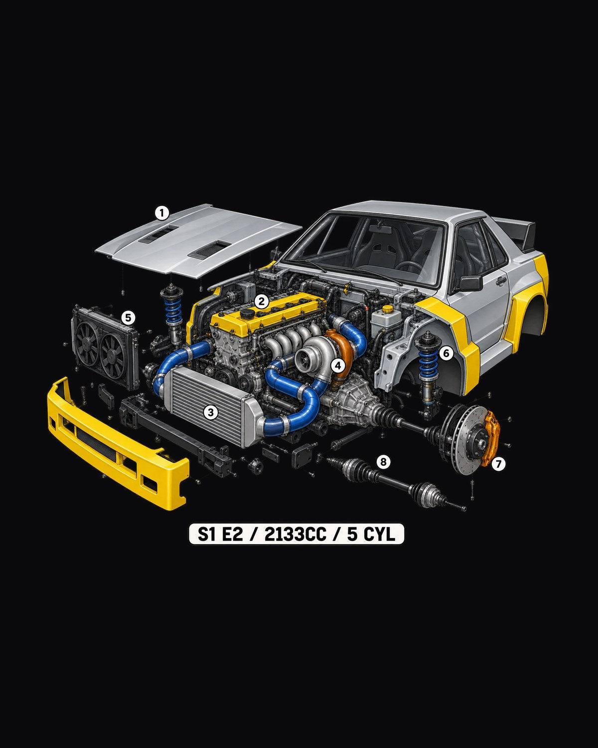 Audi Sport Quattro S1 E2 Five-Cylinder Engine Cutaway Tee design only