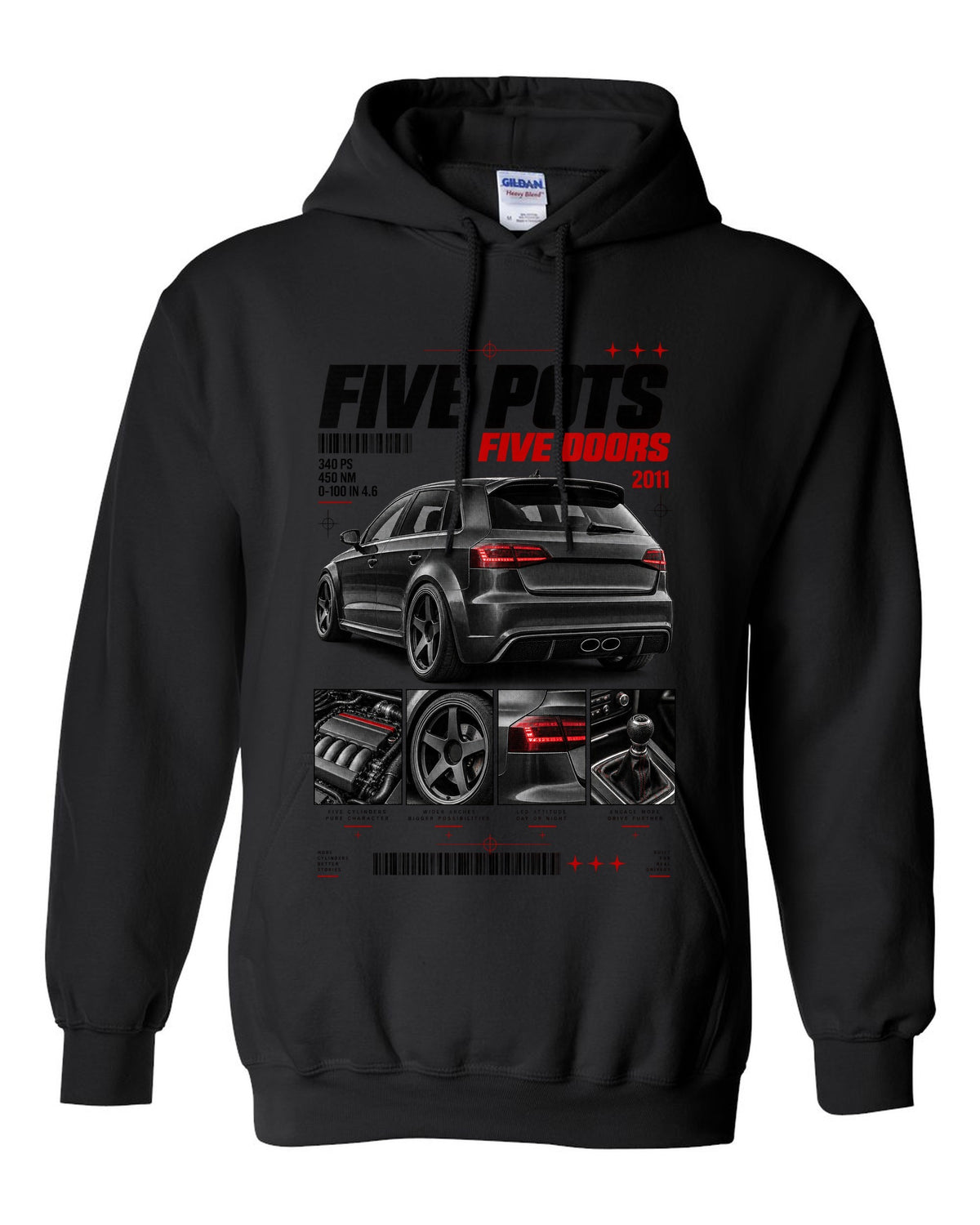Audi RS3 Sportback 8P rear three-quarter in dossier panels with five pots text black pull over hoodie front view with the design