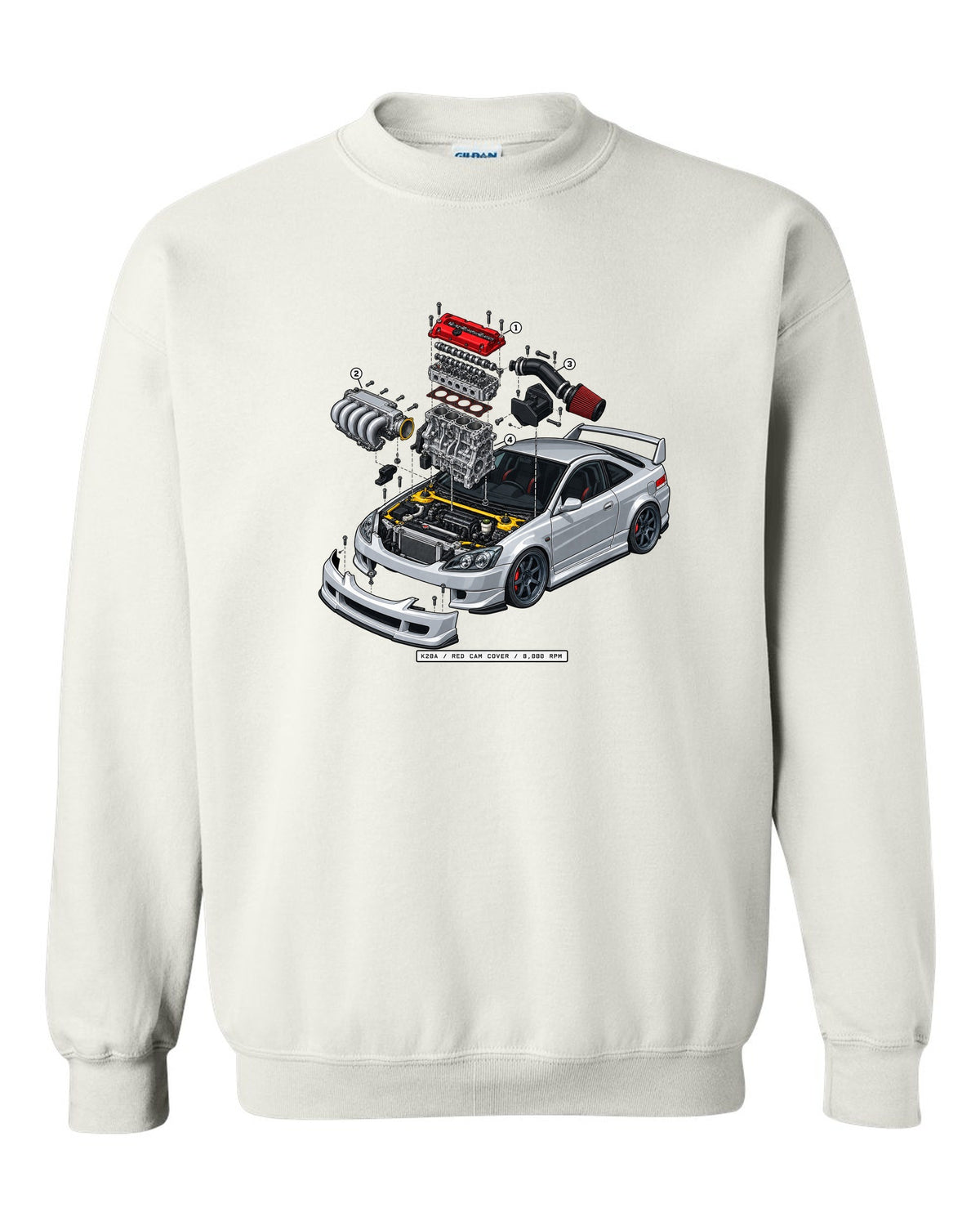 Exploded K20A engine diagram print of a 2002 Honda Integra DC5 ch with red cam cover text white crewneck front view with the design