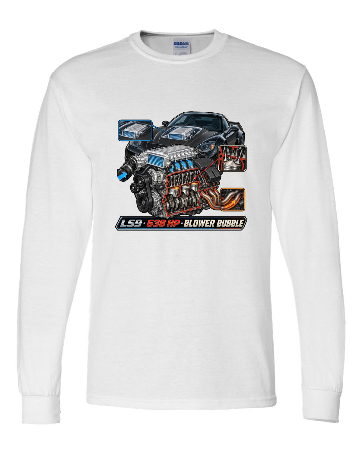 Cutaway engine print of the LS9 supercharger in a 2009 Chevrolet Corvette C6 ZR1 with 638 HP text white long sleeve front view with the design