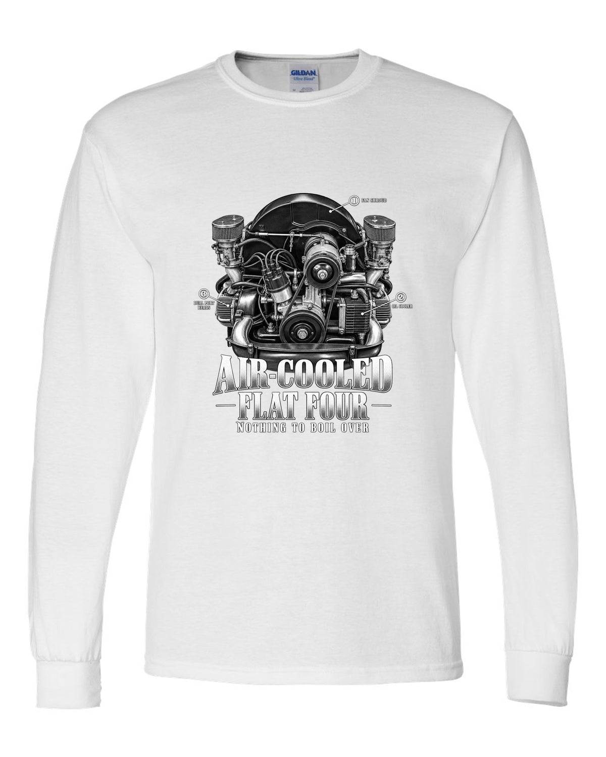 Engine bay callout print of a VW Beetle air-cooled 1600 dual-port flat-four white long sleeve front view with the design