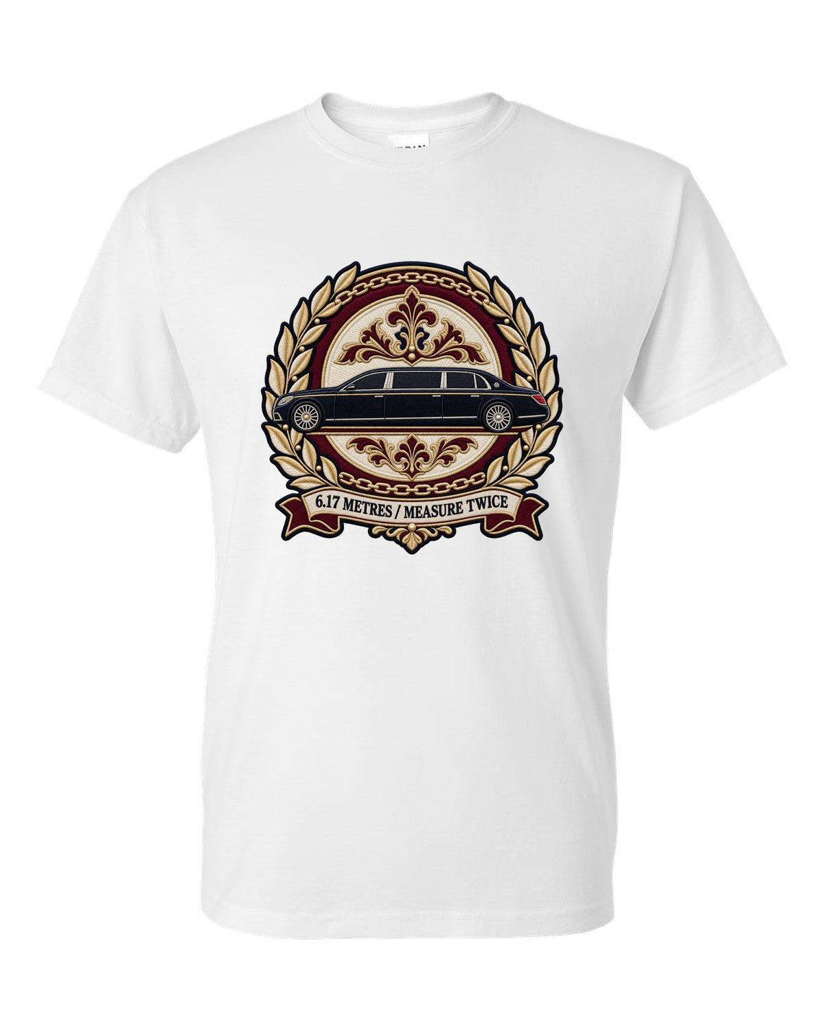 Embroidery style round crest of a Maybach 62 W240 opera window with 6.17 Metres Measure Twice text white t-shirt front view with the design