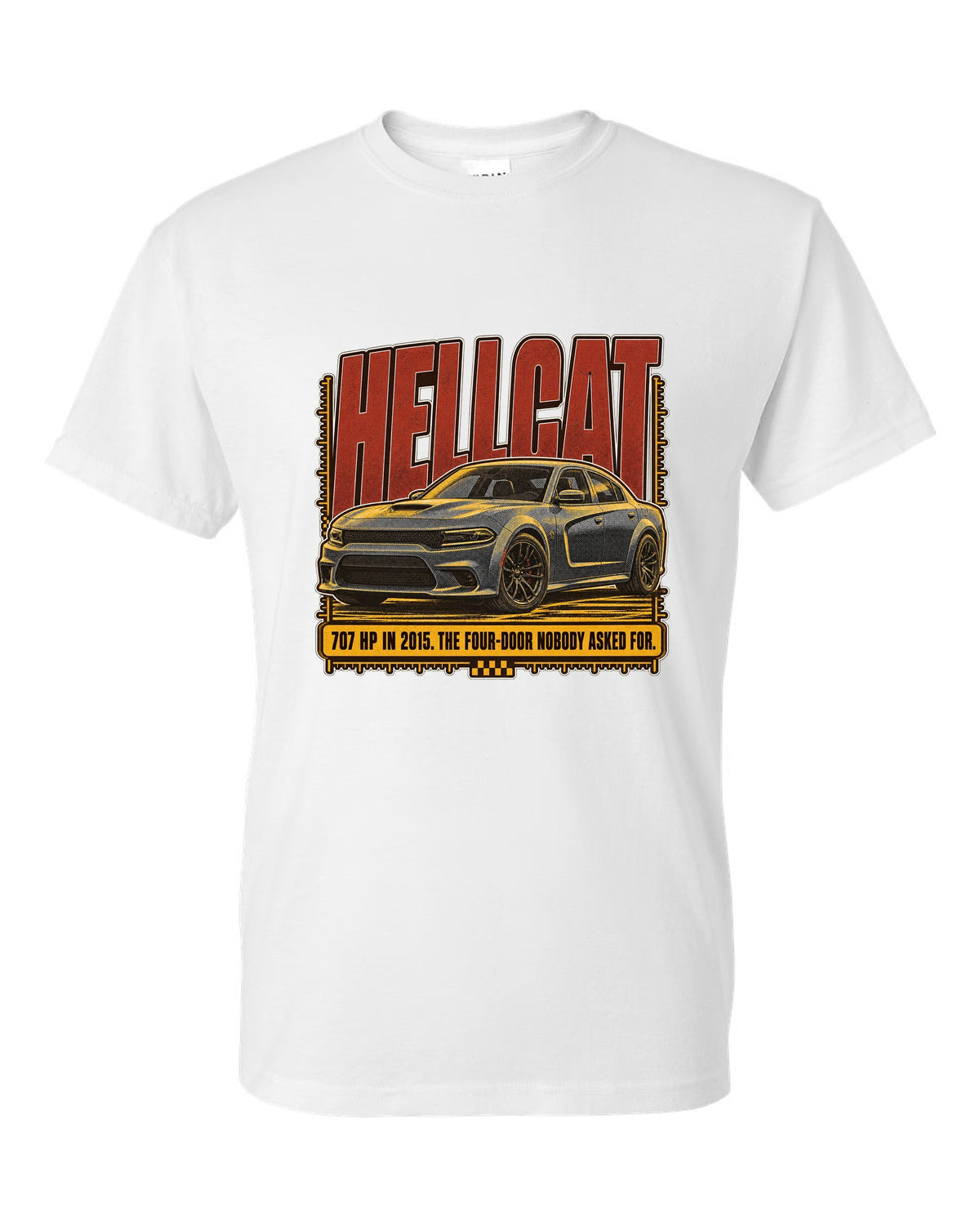 Dodge Charger SRT Hellcat halftone statement print reading 707 HP in 2015 white t-shirt front view with the design