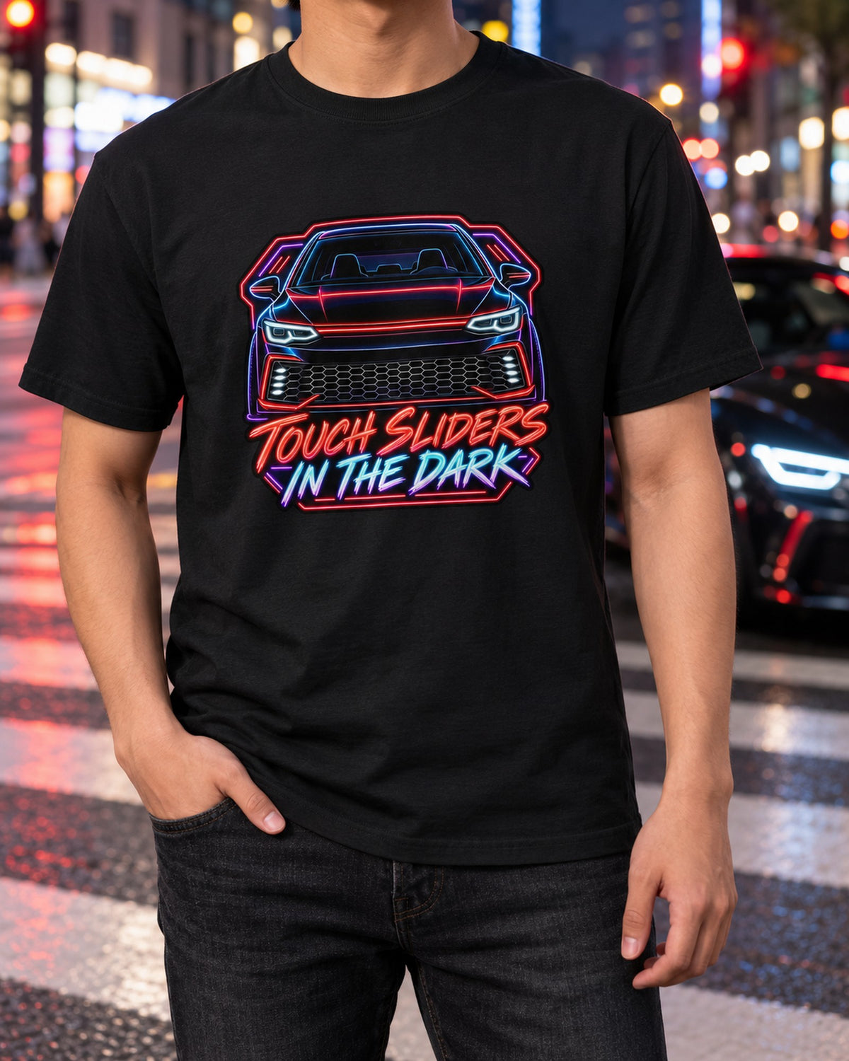 VW Golf GTI Mk8 Light Bar Neon Sign Shirt, Touch Sliders T-Shirt Black worn hero