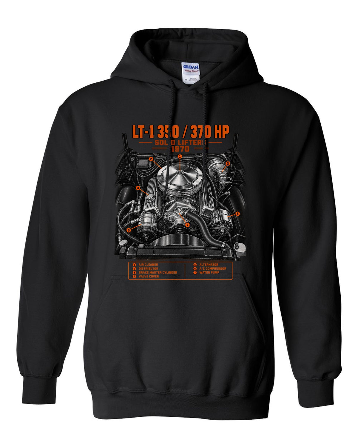 Chevrolet Corvette C3 Stingray 1970 LT-1 350 engine print black pull over hoodie front view with the design