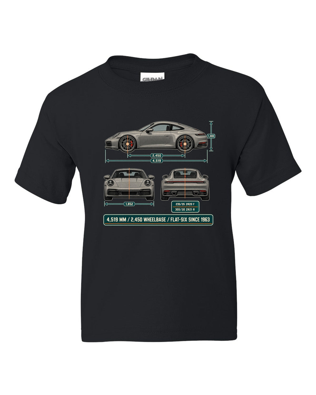 Dimension blueprint print of a Porsche 992 Carrera S with measurements black kids tee front view with the design