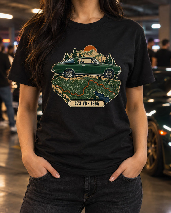 1965 Plymouth Barracuda Fastback Topographic Road Map Shirt T-Shirt Black worn hero