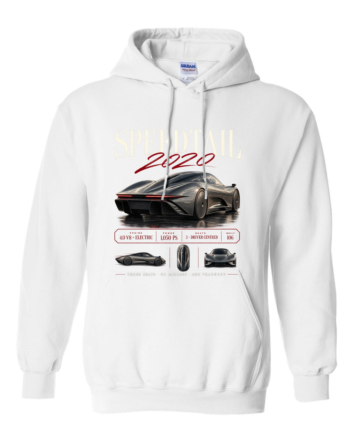Archive panel print of a 2020 McLaren Speedtail with three seats and no mirrors text white pull over hoodie front view with the design