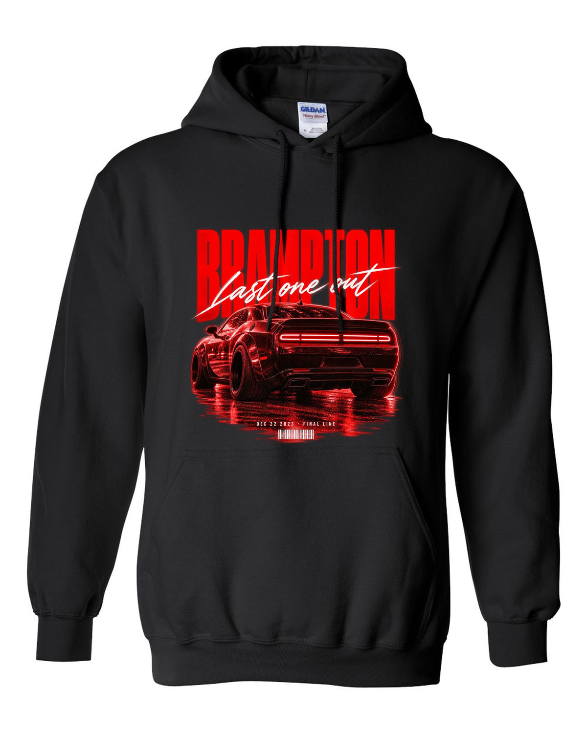 Street poster print of a 2023 Dodge Challenger Widebody with Brampton last one out Dec 22 2023 text black pull over hoodie front view with the design