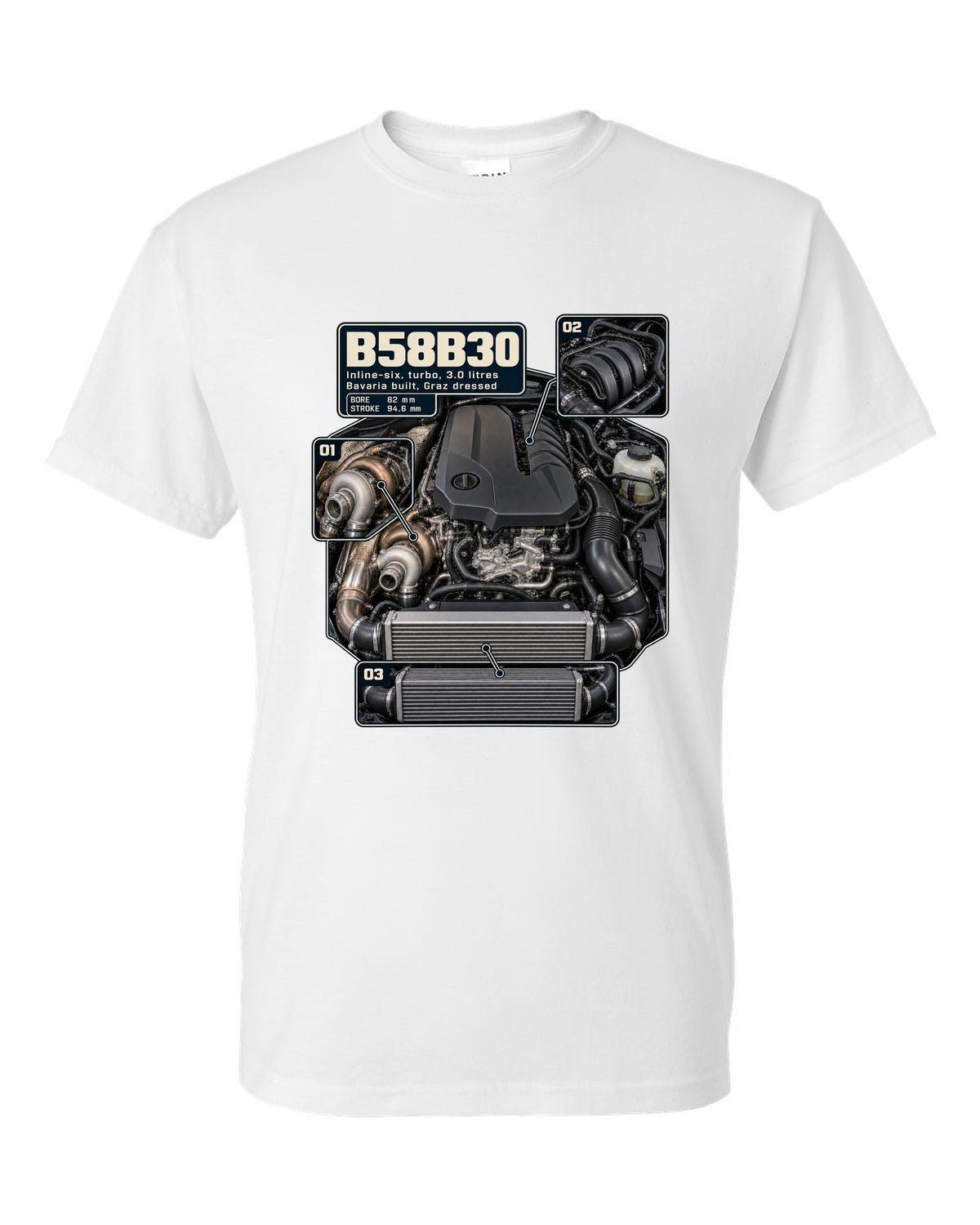 Engine hero print of the BMW B58B30 inline-six from the Z4 M40i white t-shirt front view with the design