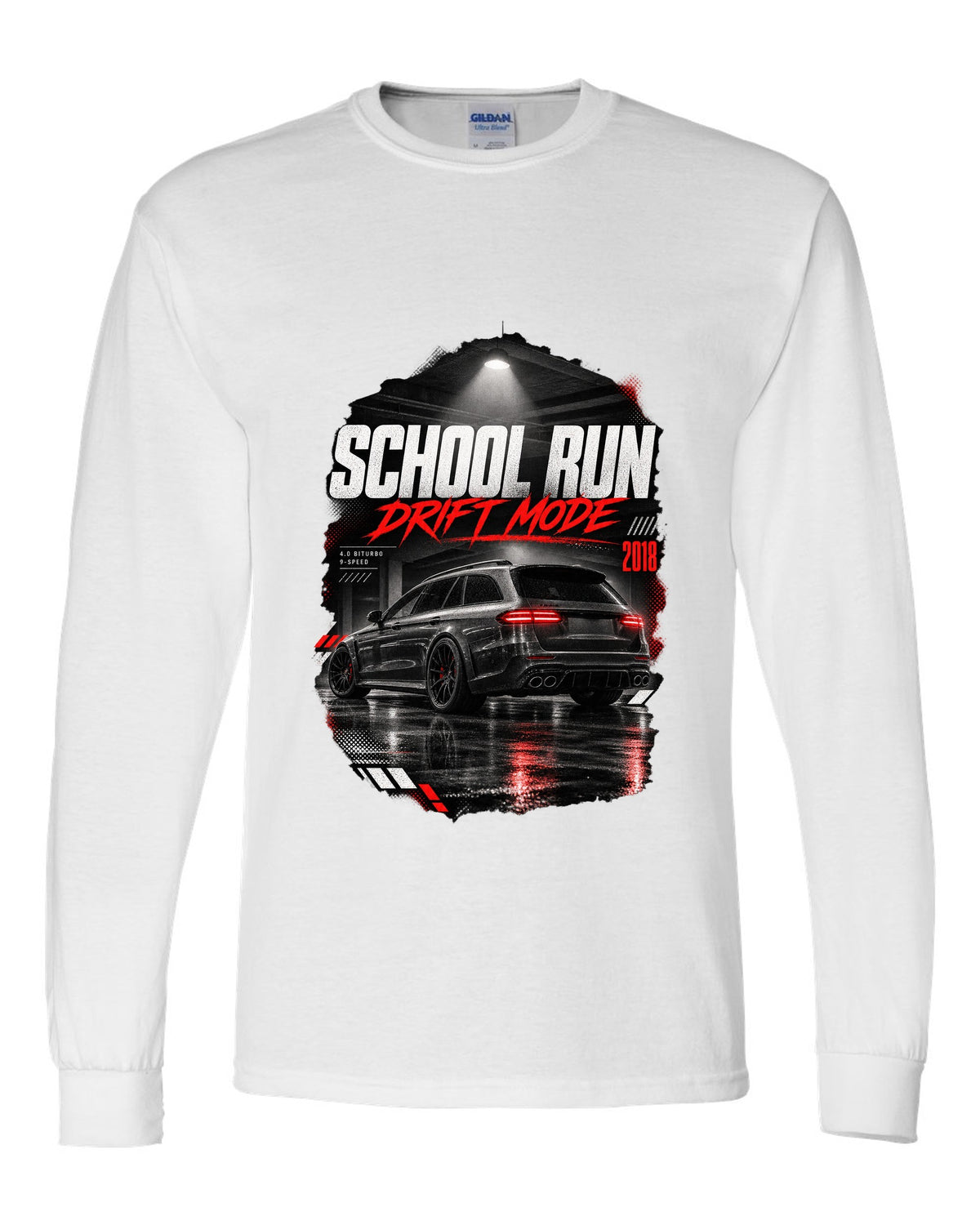print of a Mercedes E63 S wagon S213 in a night garage with the text School Run / Drift Mode white long sleeve front view with the design