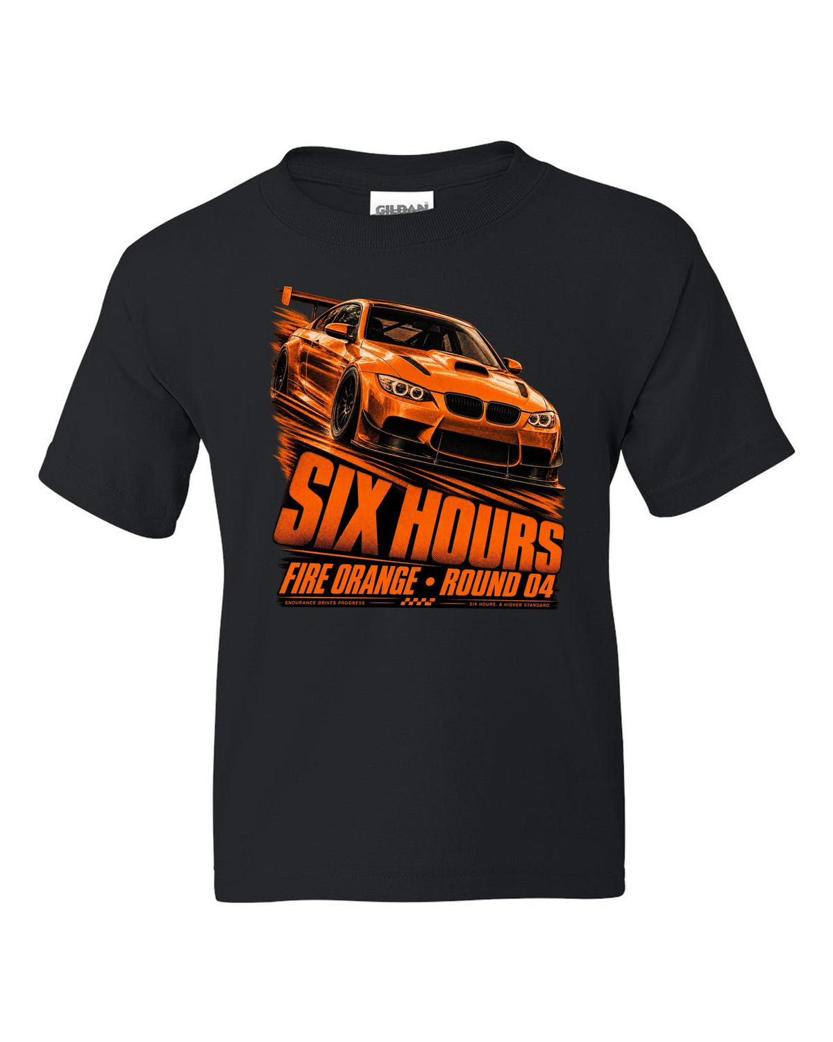 BMW E92 M3 GTS race poster print with Fire Orange round four lettering black kids tee front view with the design