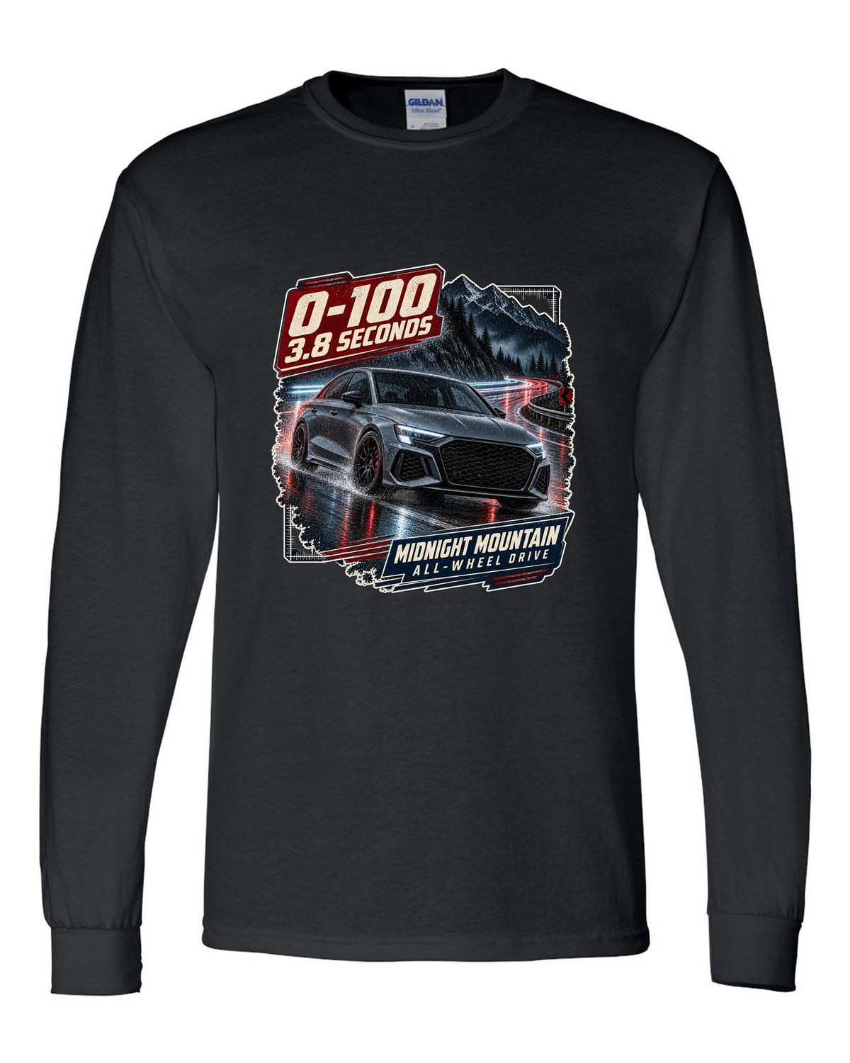 Audi RS3 8Y sedan on a night mountain road with 0-100 caption black long sleeve front view with the design