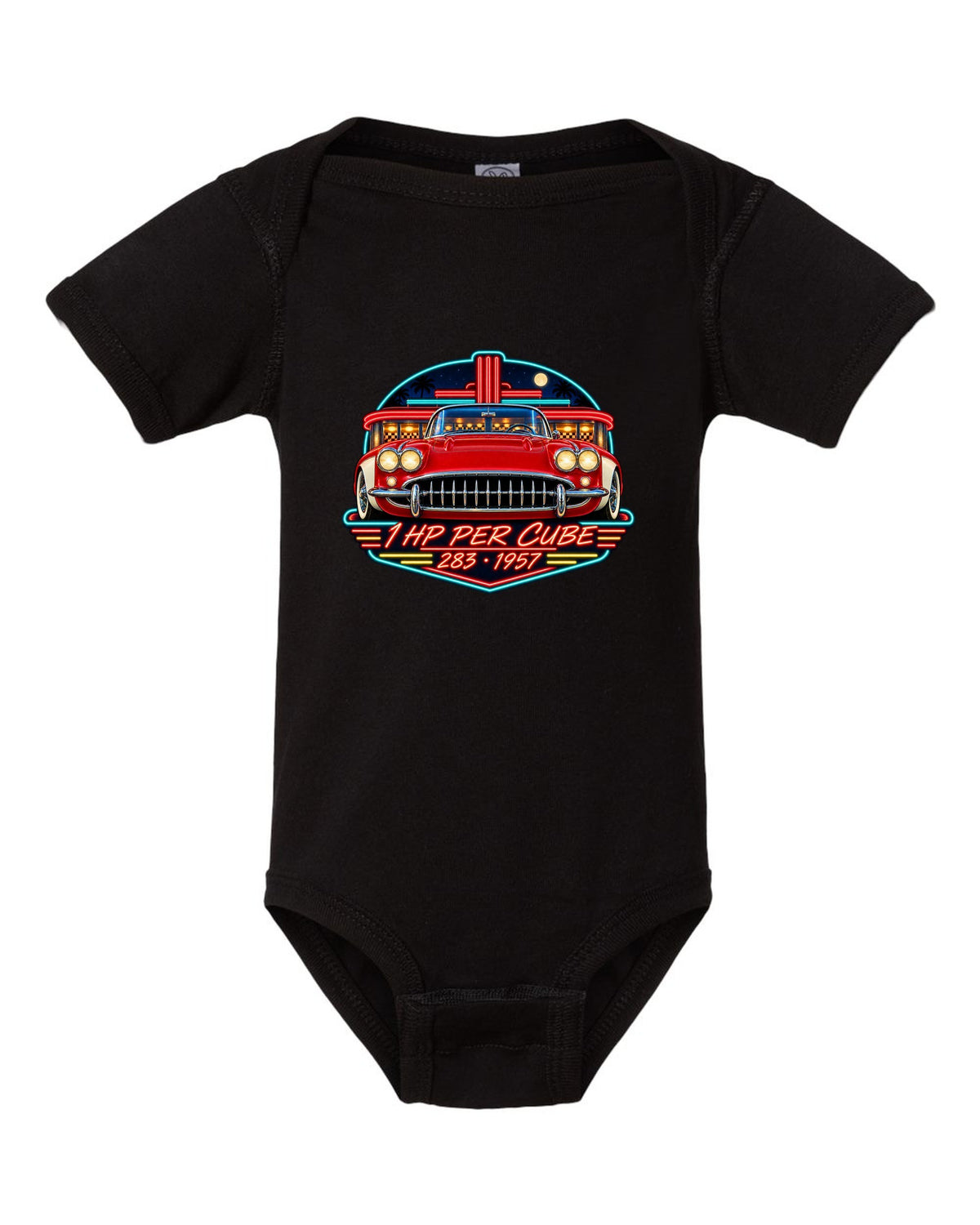 Vintage neon diner sign print of a 1957 Chevrolet Corvette C1 with 1 HP Per Cube 283 lettering black baby onesie front view with the design
