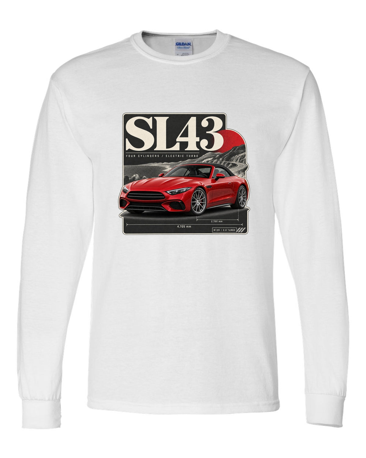 SL43 R232 Electric Turbo Editorial white long sleeve front view with the design