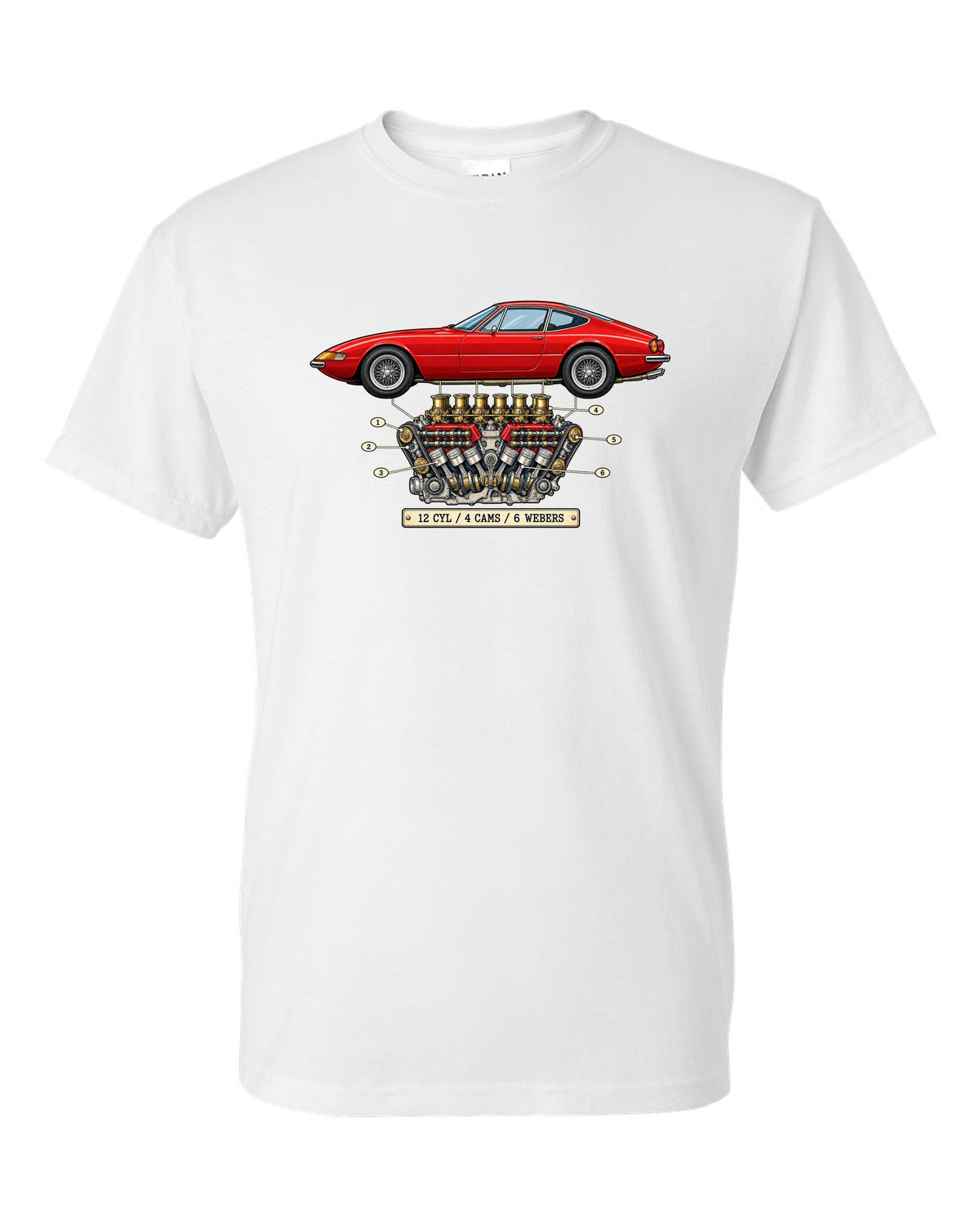 Patent-style drawing of the Ferrari 365 GTB/4 Daytona V12 engine white t-shirt front view with the design