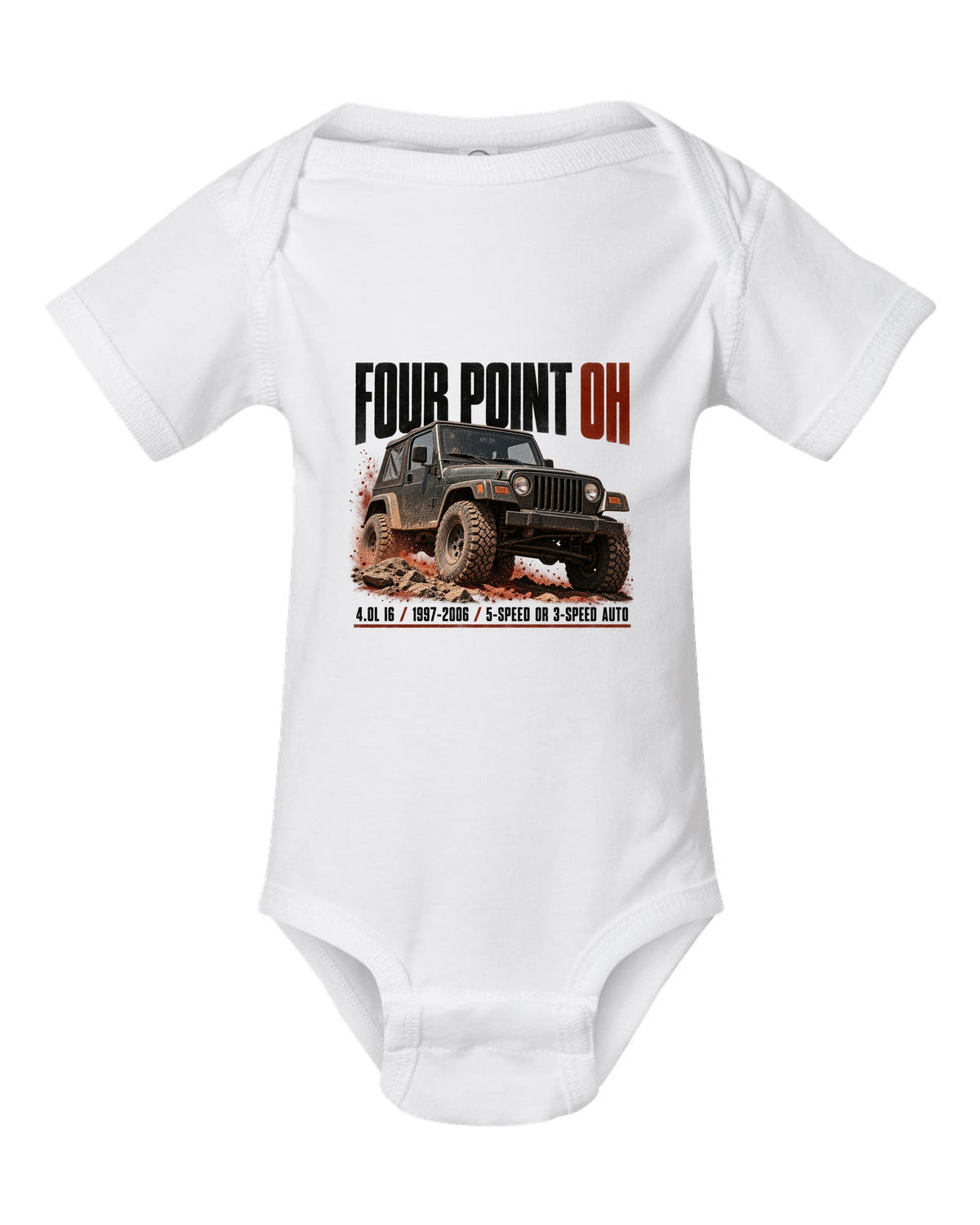 Halftone print for the Jeep Wrangler TJ 4.0L I6, 1997-2006 white baby onesie front view with the design