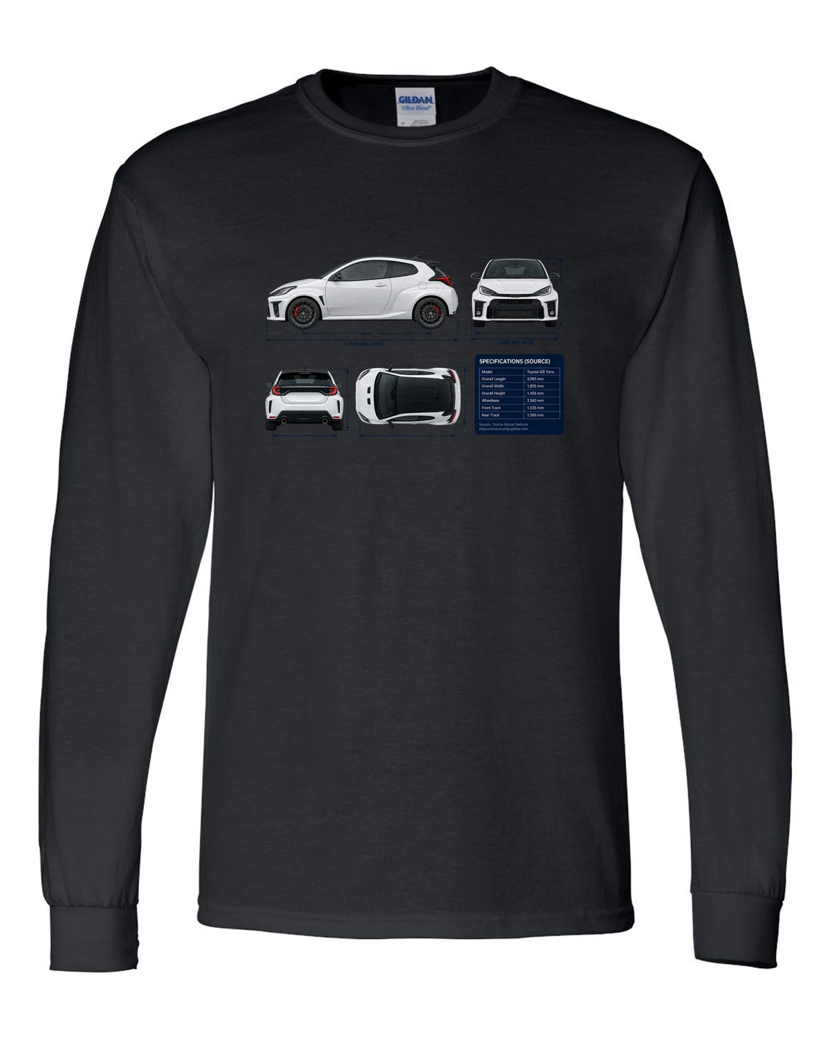 Toyota GR Corolla Morizo Edition Blueprint black long sleeve front view with the design