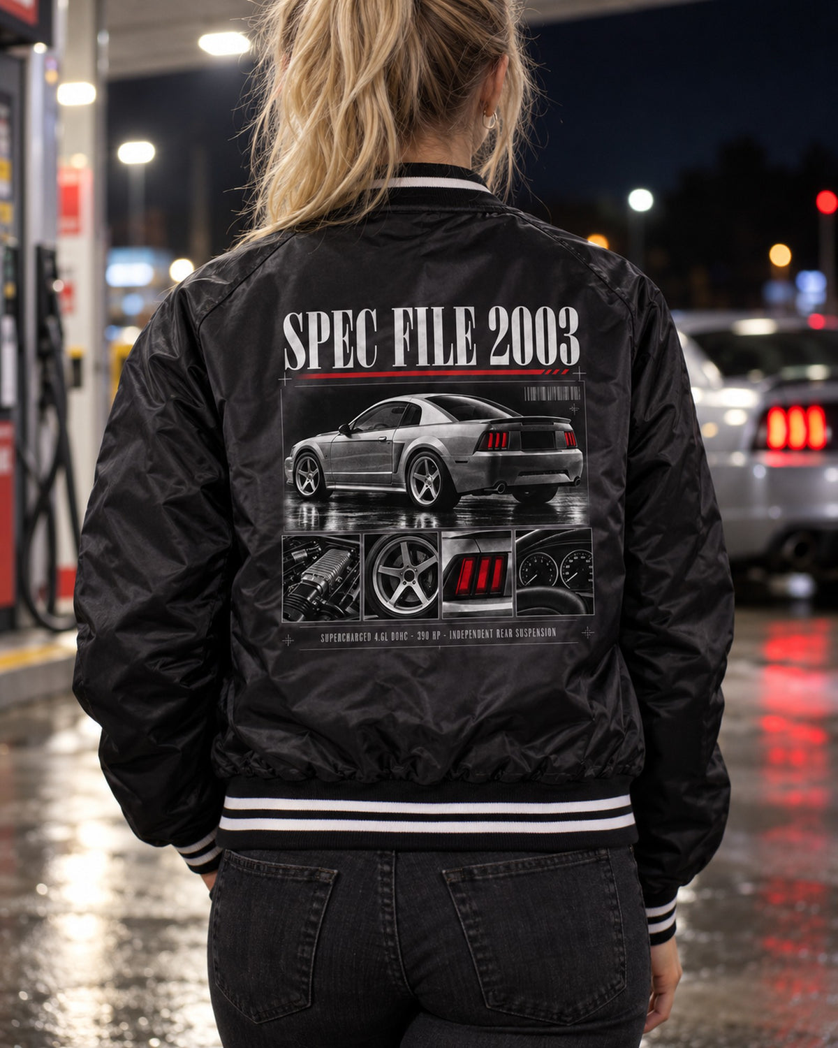 Ford Mustang SVT Cobra New Edge Spec File Shirt, 2003-04 Bomber Jacket Black worn hero