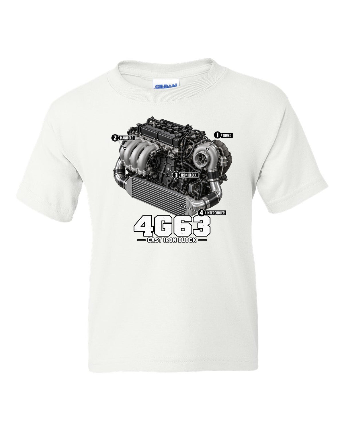 Engine diagram print for the Mitsubishi Lancer Evolution VI CP9A showing a 4G63 with turbo, manifold, iron block and intercooler callouts white kids tee front view with the design