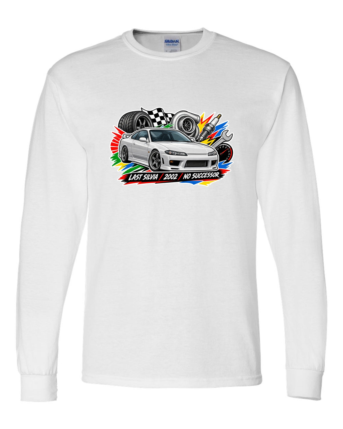 Sticker-bomb collage print for the Nissan Silvia S15 with last Silvia 2002 no successor lettering white long sleeve front view with the design