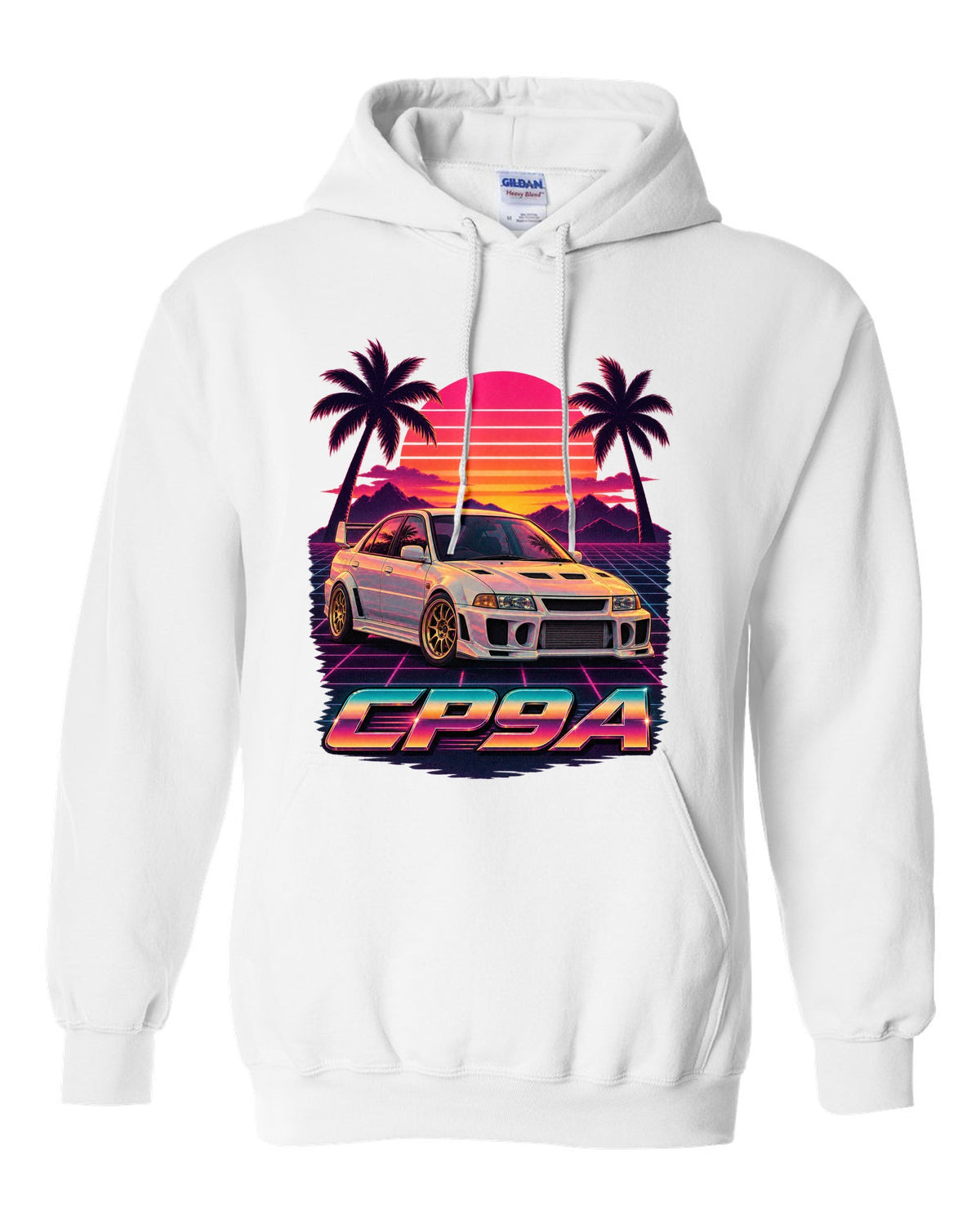 Synthwave sunset poster of a Mitsubishi Lancer Evolution V CP9A with palm trees white pull over hoodie front view with the design