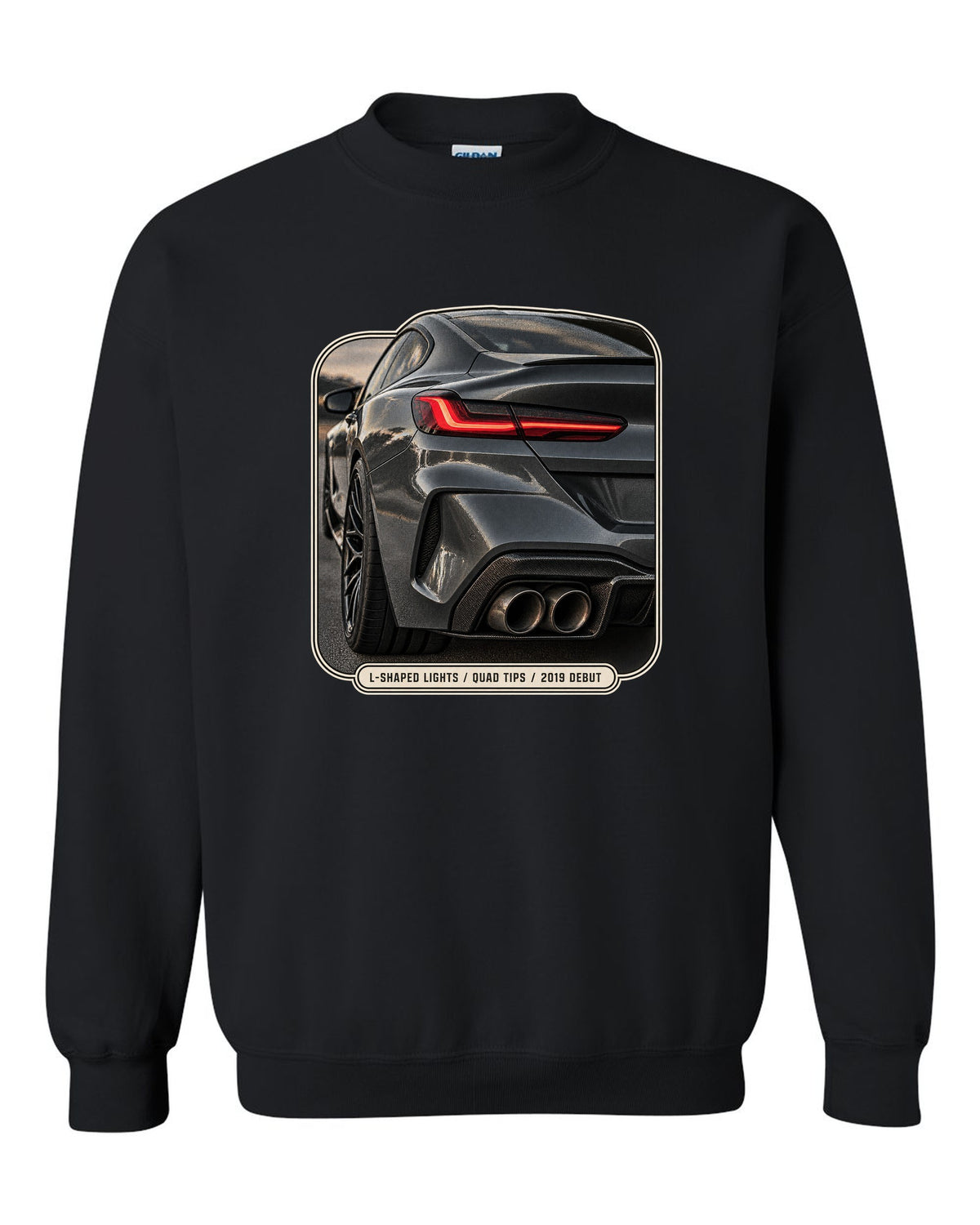 BMW M8 Competition F92 taillight detail macro print on a tee black crewneck front view with the design
