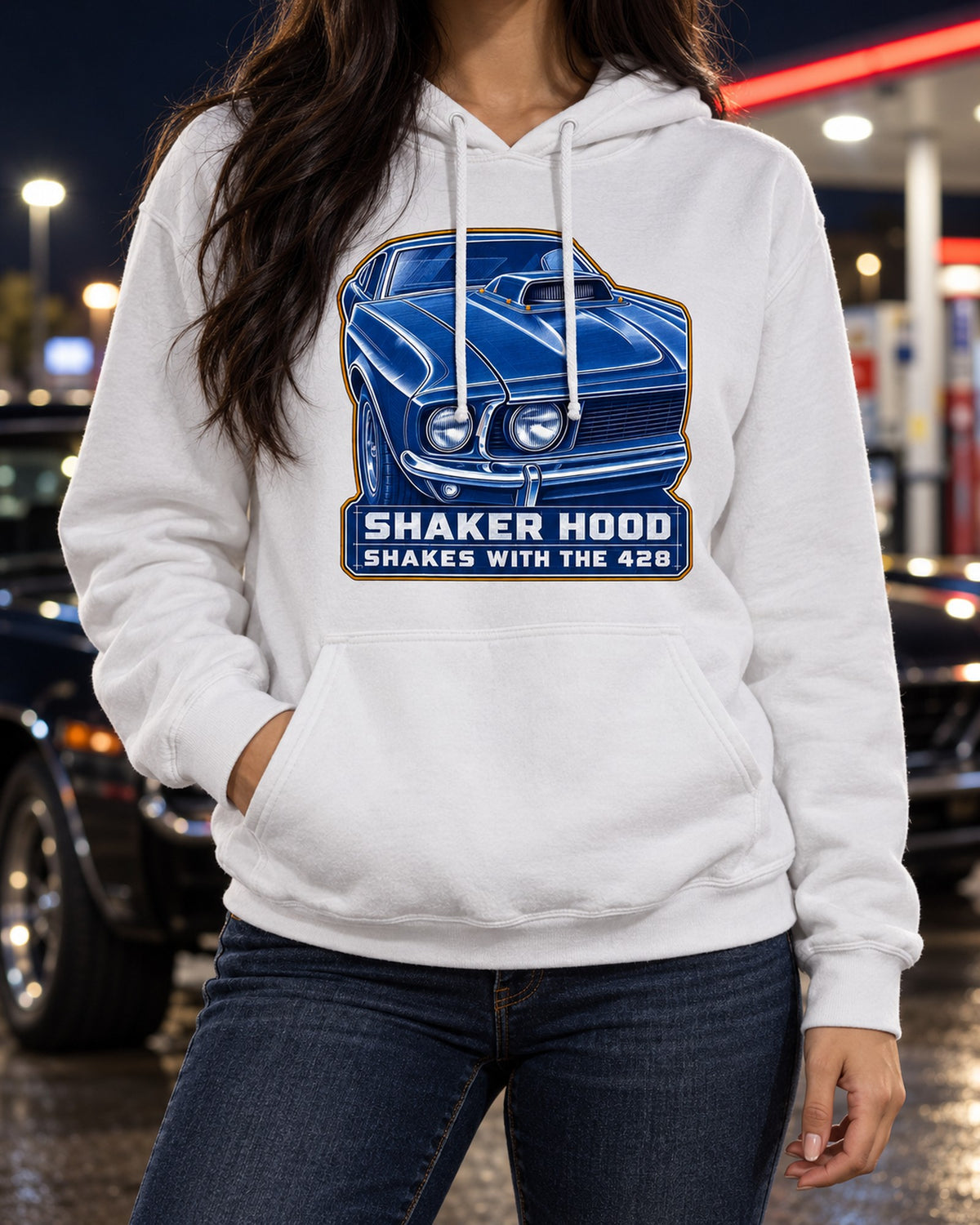 1969 Ford Mustang Fastback Shaker Hood Cyanotype Shirt Pull Over Hoodie White worn hero