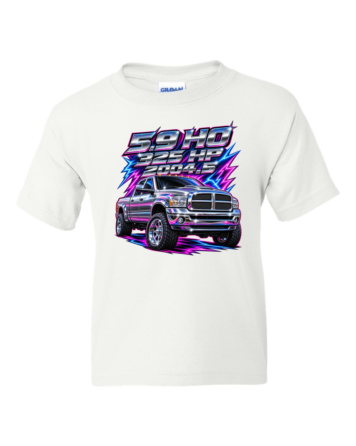 80s chrome airbrush print of a 2003-2009 Dodge Ram 2500 Cummins with 5.9 HO 325 HP 2004.5 text white kids tee front view with the design