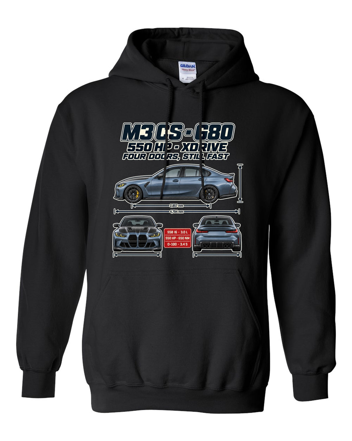 BMW M3 CS G80 2023 spec poster print black pull over hoodie front view with the design