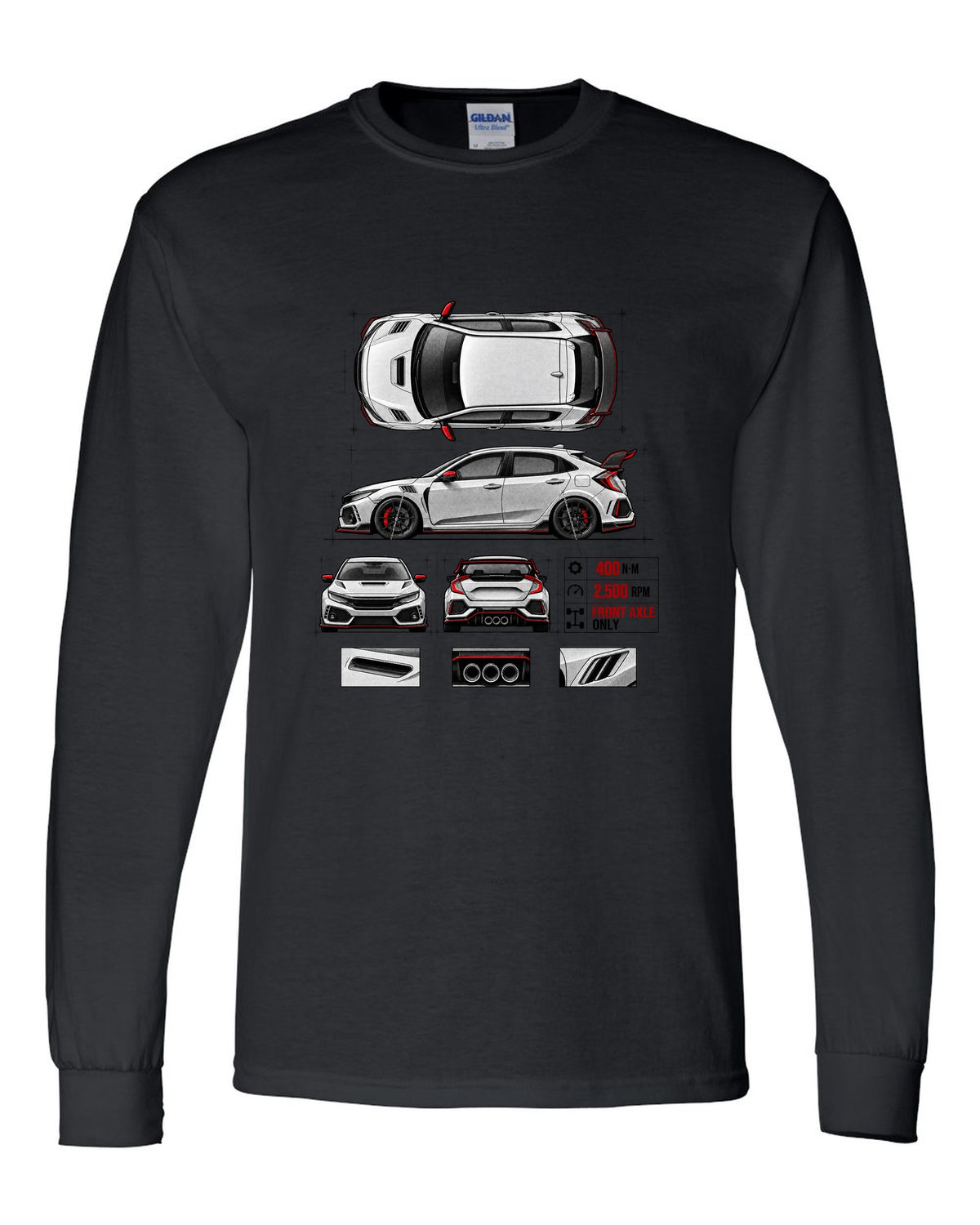 Spec poster print of a 2018 Honda Civic FK8 chback with torque figures black long sleeve front view with the design