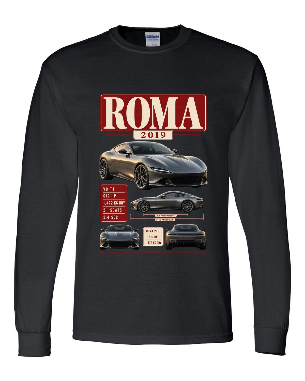 Archive panel print of the Ferrari Roma with 2019 spec text black long sleeve front view with the design