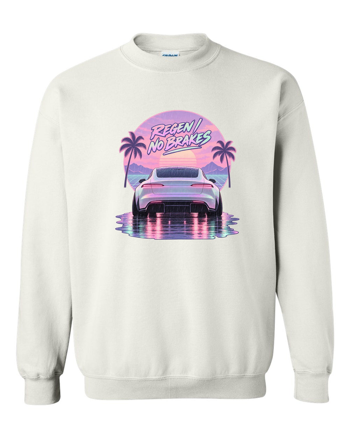 Vaporwave pastel scene of a 2021 Tesla Model S Plaid taillights in rain with the words Regen No Brakes white crewneck front view with the design