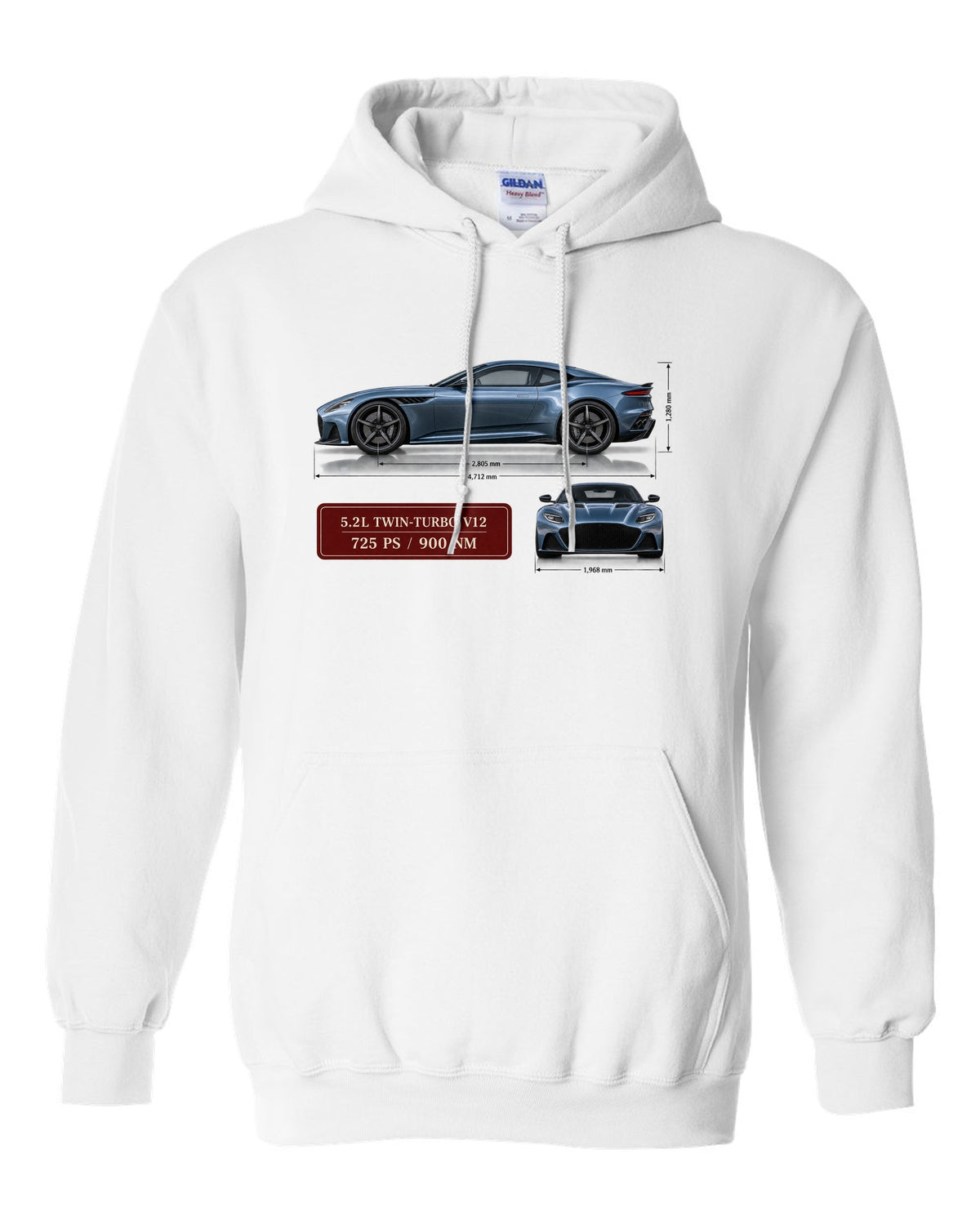 Aston Martin DBS Superleggera 2018 spec sheet print with 5.2L V12 725 PS 900 Nm white pull over hoodie front view with the design