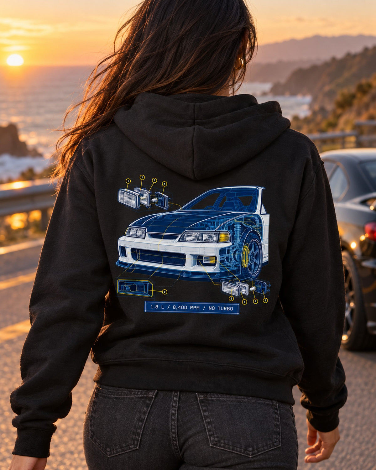Honda Integra Type R DC2 B18C Blueprint Shirt, 8,400 RPM Zip Hoodie Black worn hero