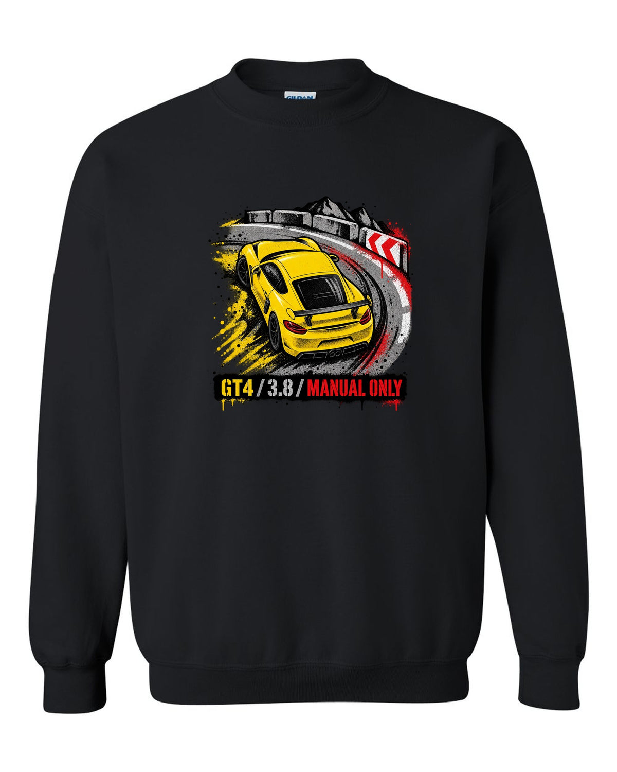 Engraved tachometer illustration for the Porsche 911 GT3 RS 991.2 black crewneck front view with the design