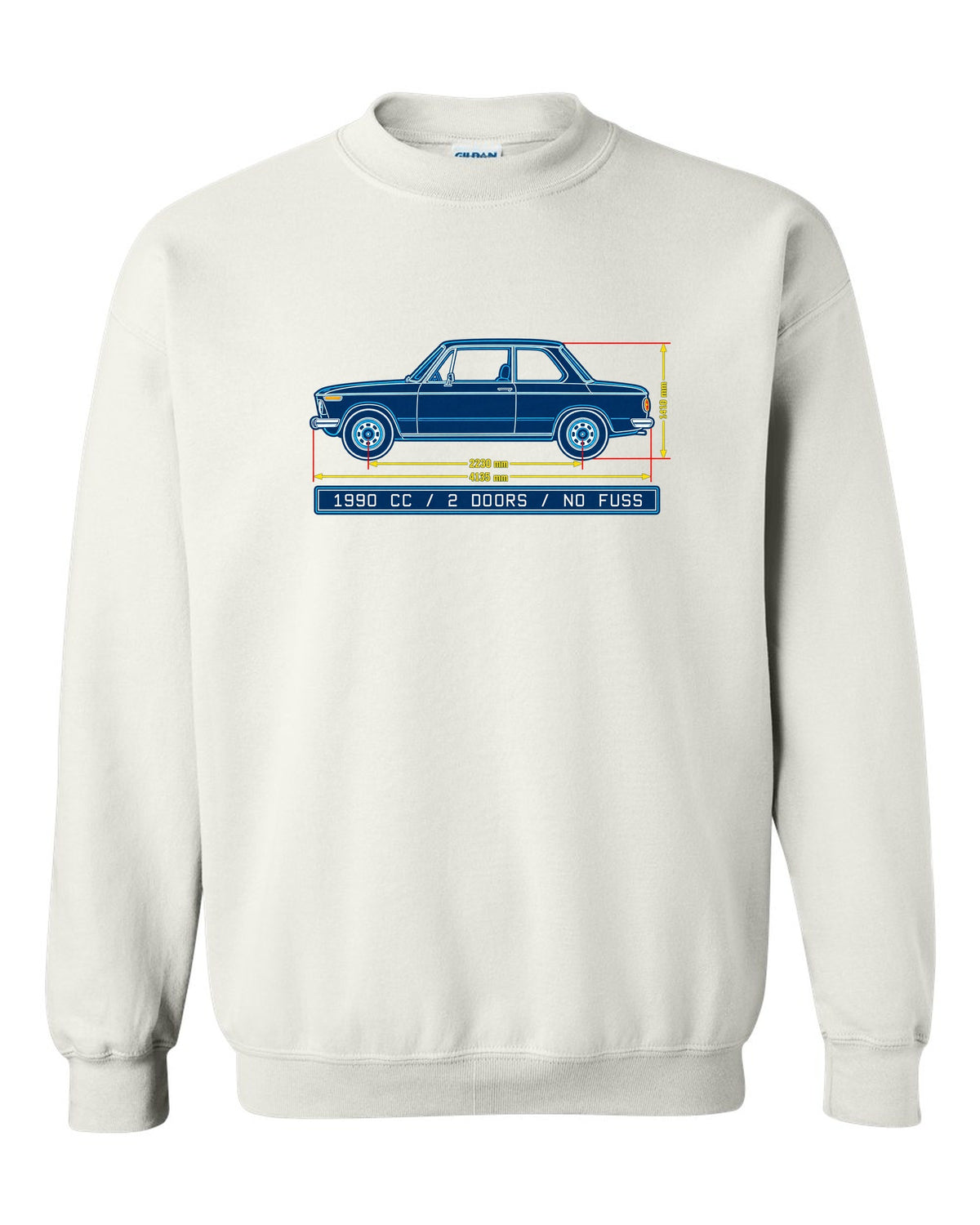 BMW 2002 turbo flared arch linocut woodcut print with 1,672 built text white crewneck front view with the design
