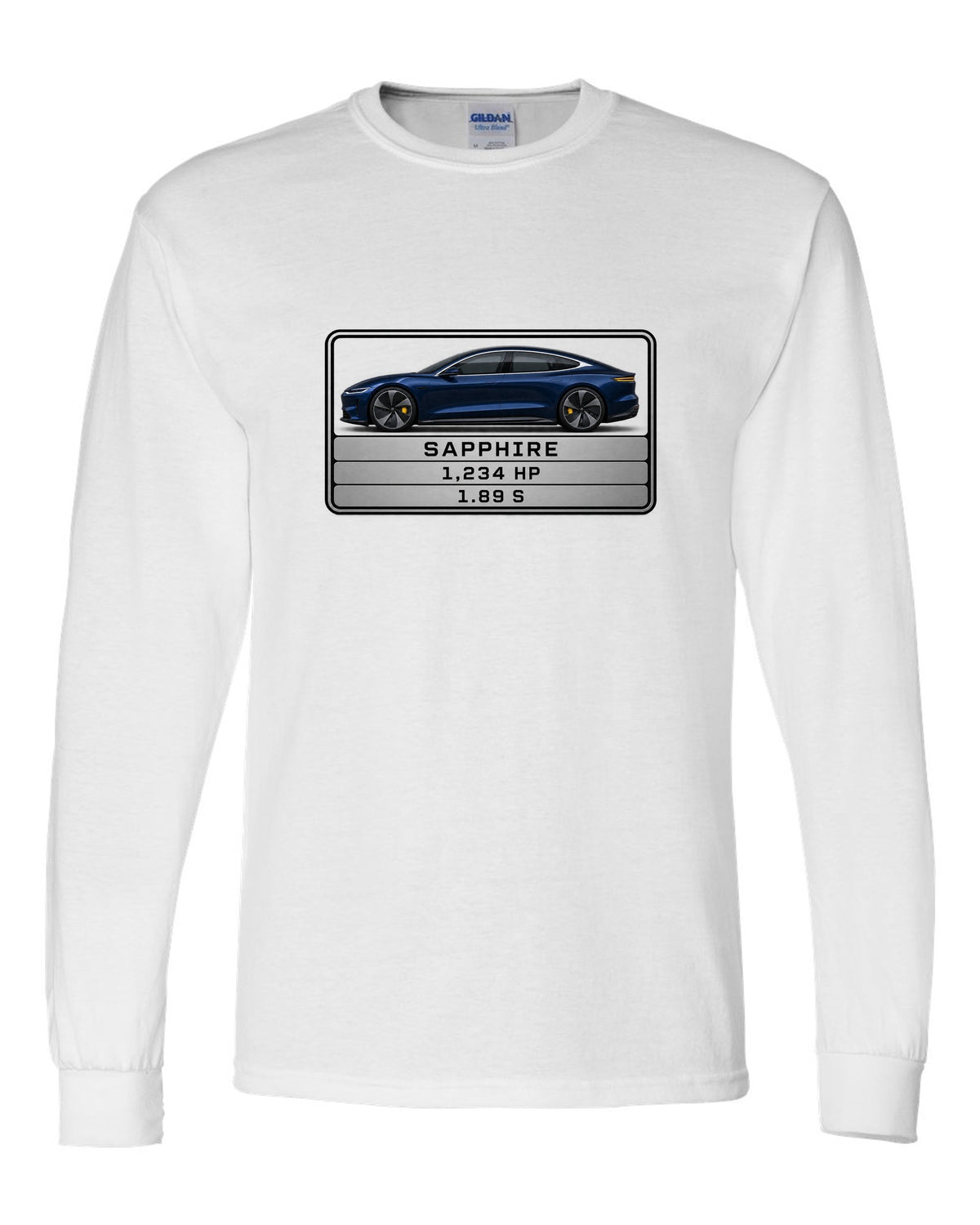 Lucid Air Sapphire monospaced spec data plate print with the text Sapphire 1,234 hp 1.89 s white long sleeve front view with the design