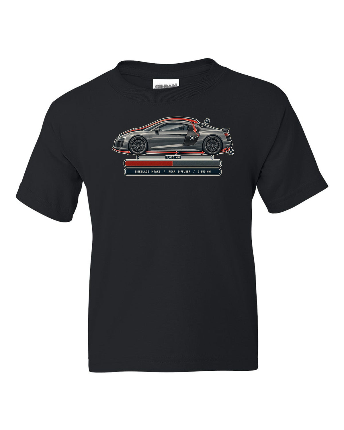 Audi R8 V10 plus Type 4S airflow cutaway with sideblade and diffuser callouts black kids tee front view with the design