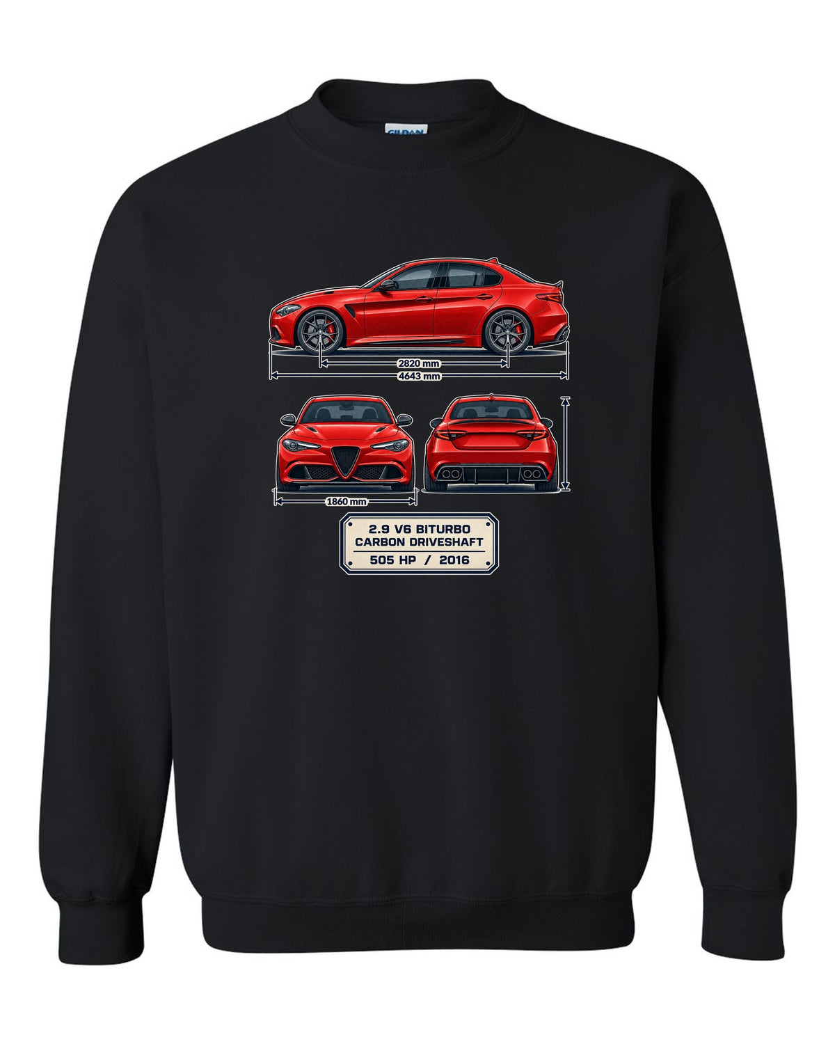 Alfa Romeo Giulia Quadrifoglio three-view spec print black crewneck front view with the design