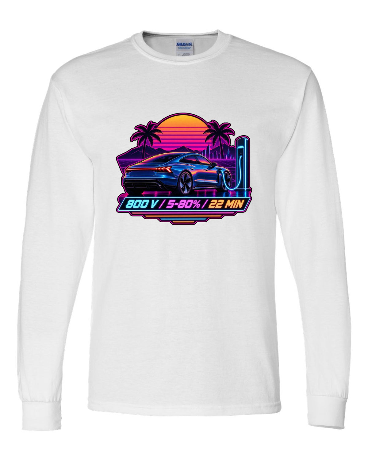 Outrun style print of an Audi e-tron GT with 800 V charging figures white long sleeve front view with the design