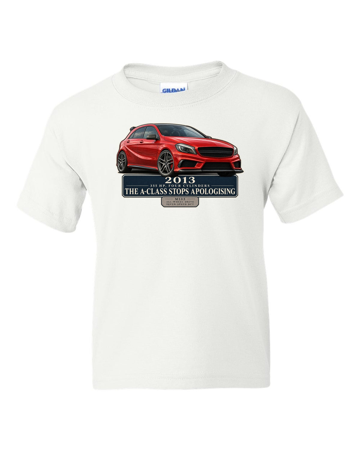 Mercedes-AMG A45 W176 chback editorial headline print white kids tee front view with the design