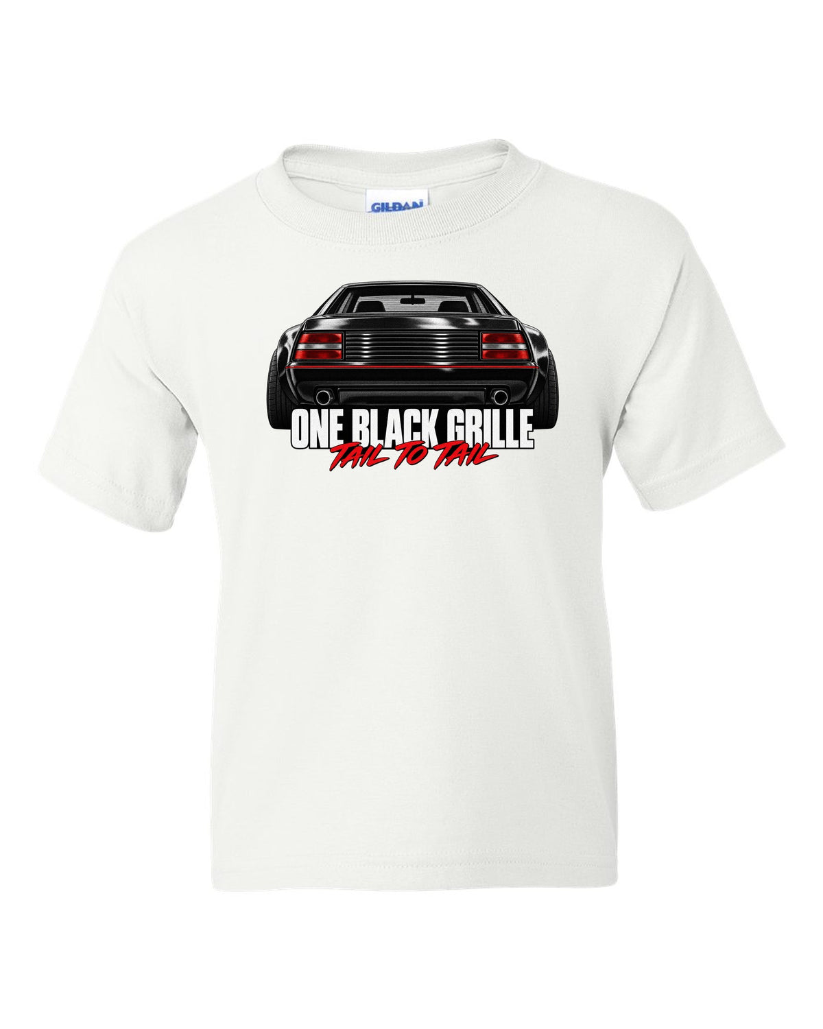 Macro print of the Ferrari Testarossa F110 rear grille with the line One Black Grille, Tail to Tail white kids tee front view with the design