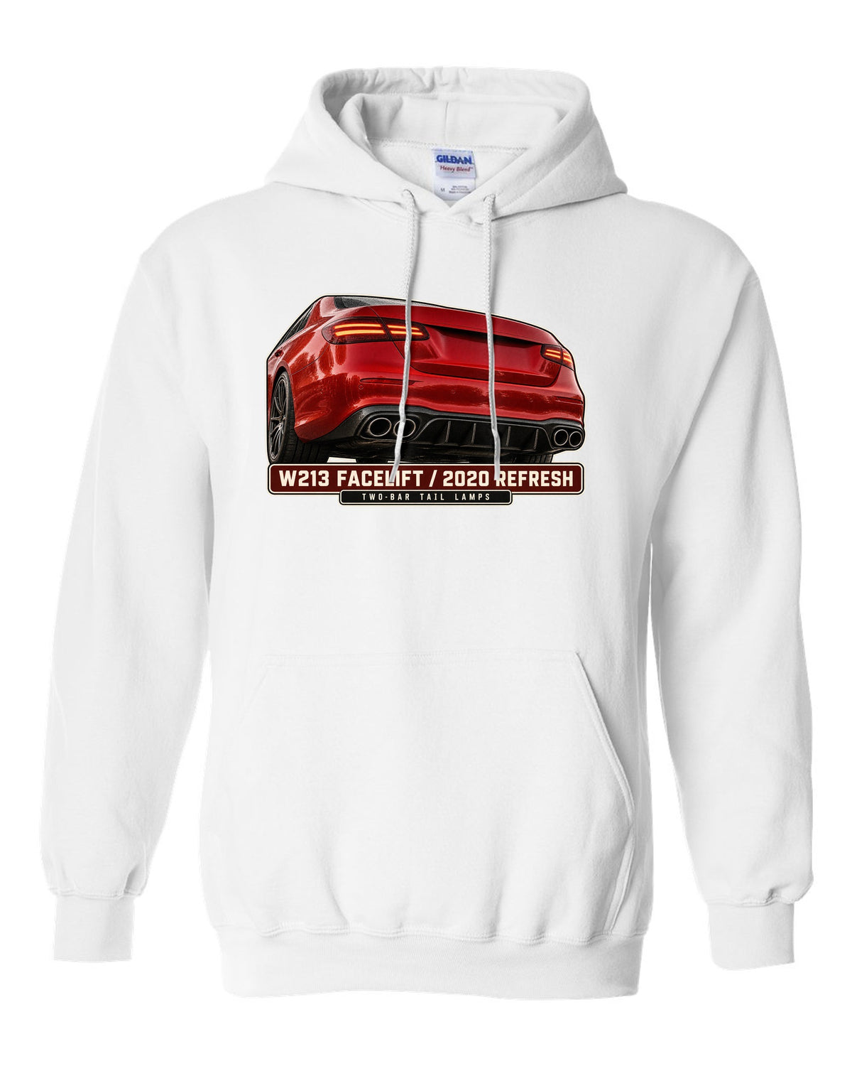 Tail lamp macro print of a red-orange Mercedes-AMG E63 S W213 facelift white pull over hoodie front view with the design