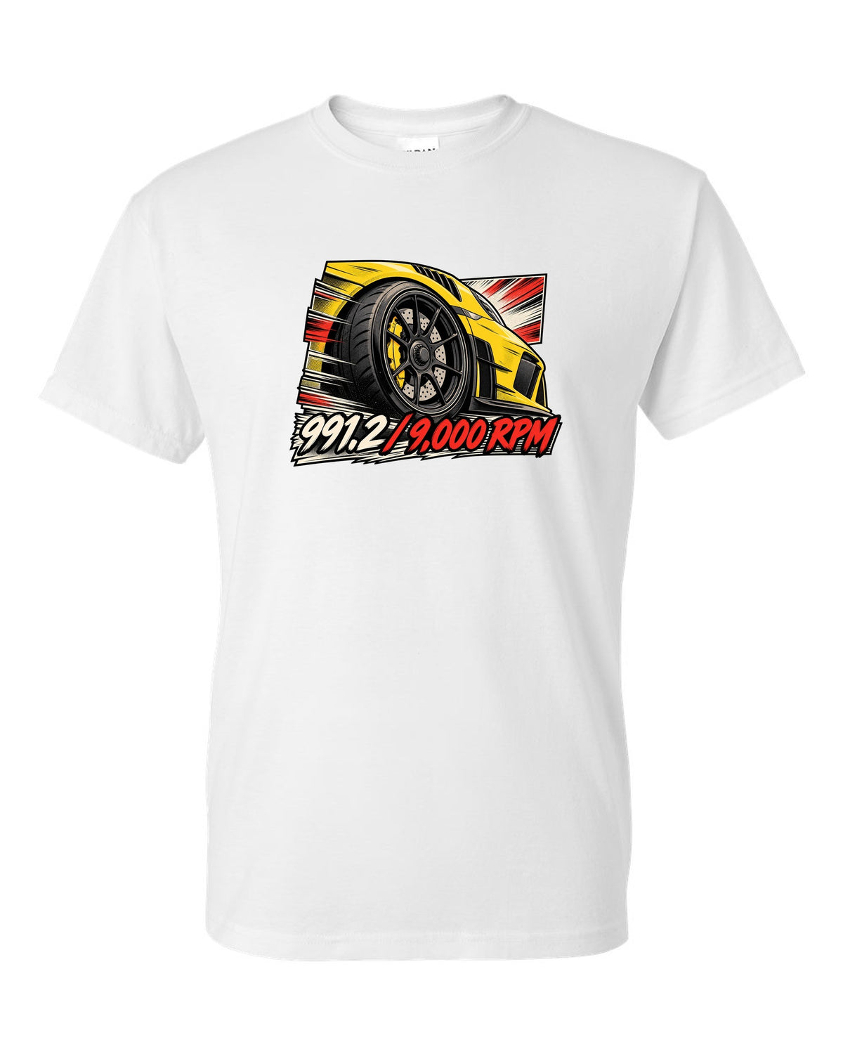 Porsche 991.2 GT3 RS retro manga panel with centre lock wheel and 9,000 RPM text white t-shirt front view with the design