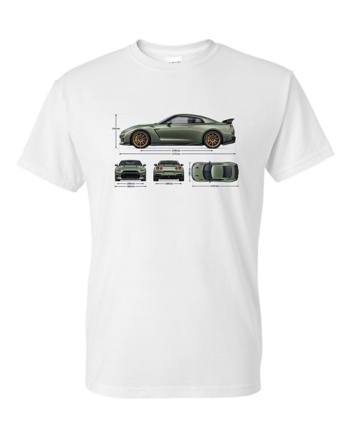 Nissan GT-R R35 rear three-quarter in red halftone showing four round taillights white t-shirt front view with the design