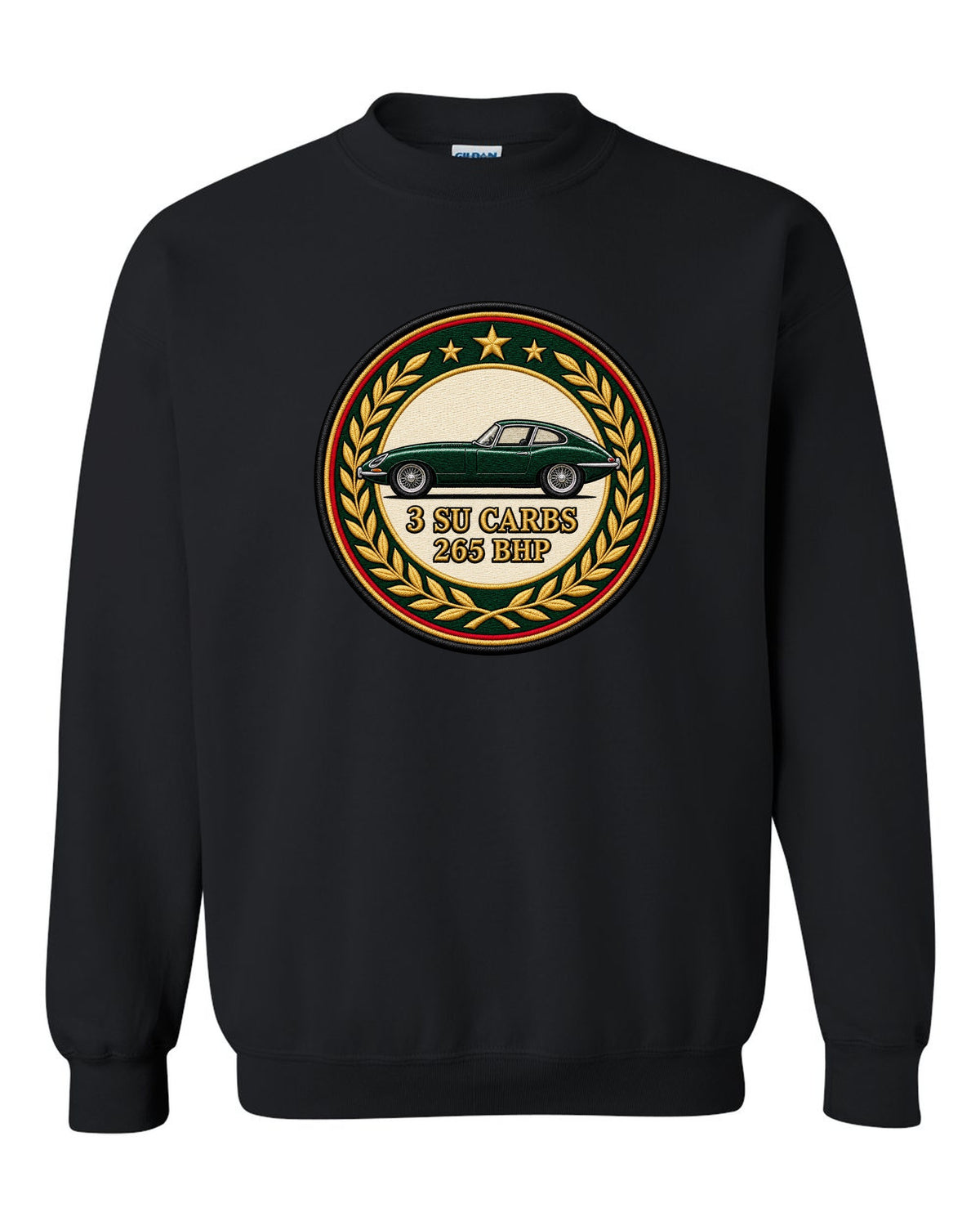 Varsity embroidery-style long bonnet print for the 1961 Jaguar E-Type Series 1 with 3 SU carbs and 265 bhp lettering black crewneck front view with the design