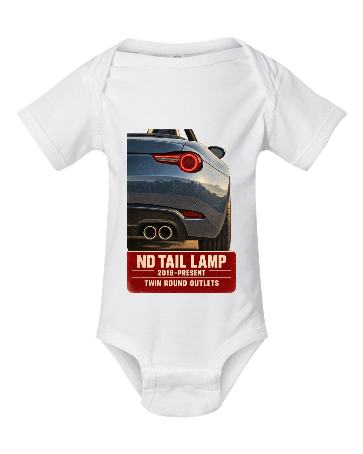 Macro poster-style print of the tail lamp and twin round exhaust outlets on a Mazda MX-5 ND white baby onesie front view with the design